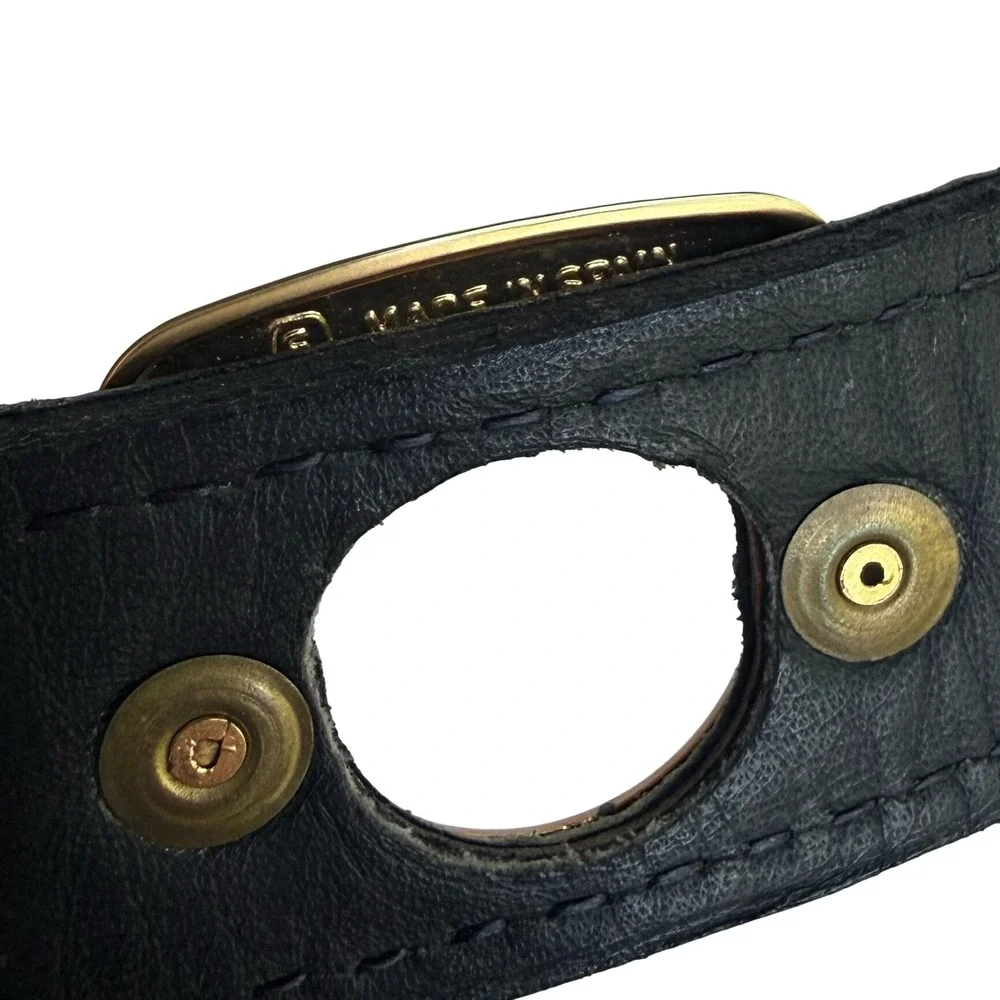 Vintage Black Croc Embossed Leather Grommet Belt Gold Tone Made in Spain XS/S